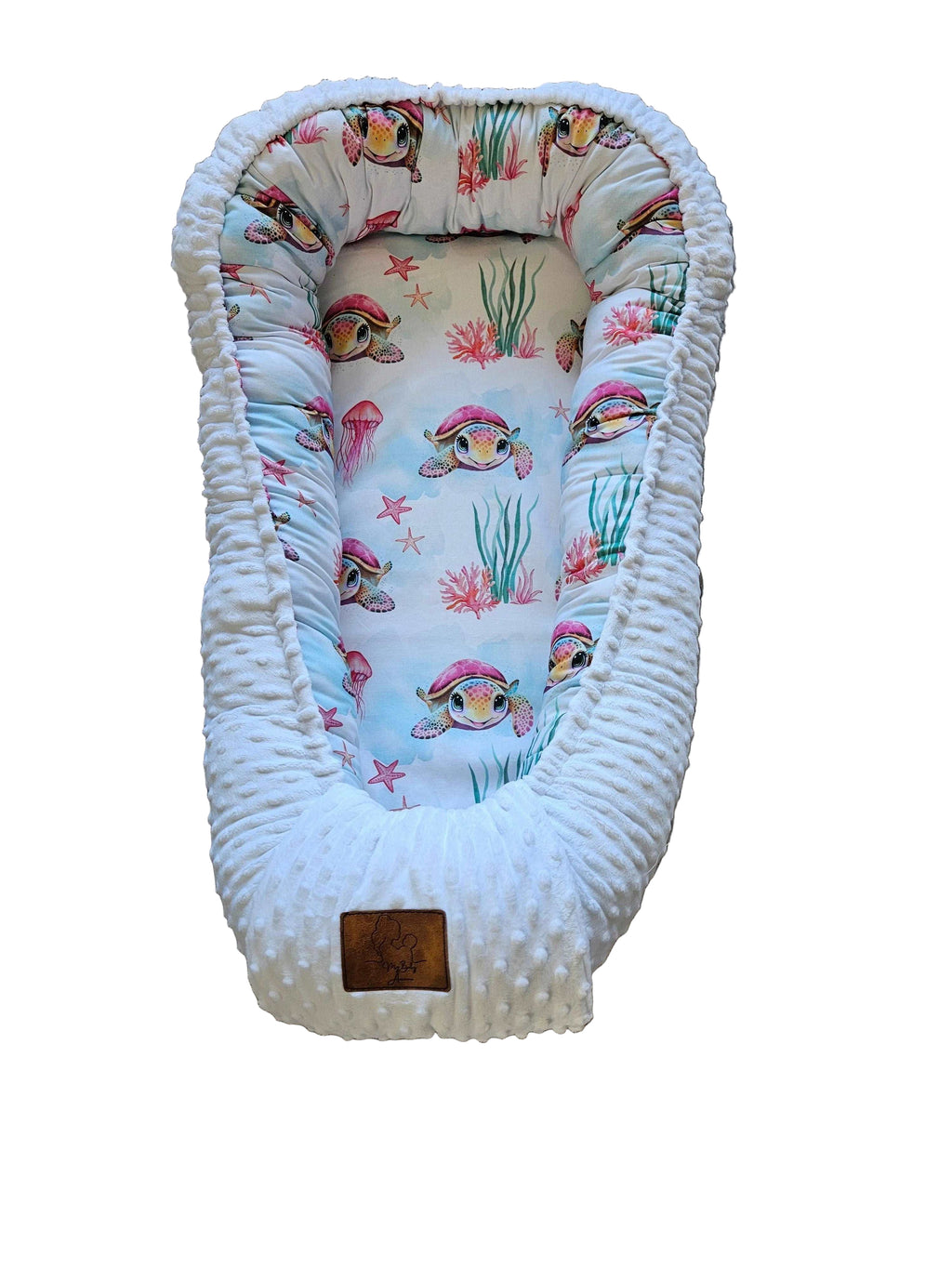 Réducteur de lit tortue blanc touche rose et turquoise My Baby Avenue